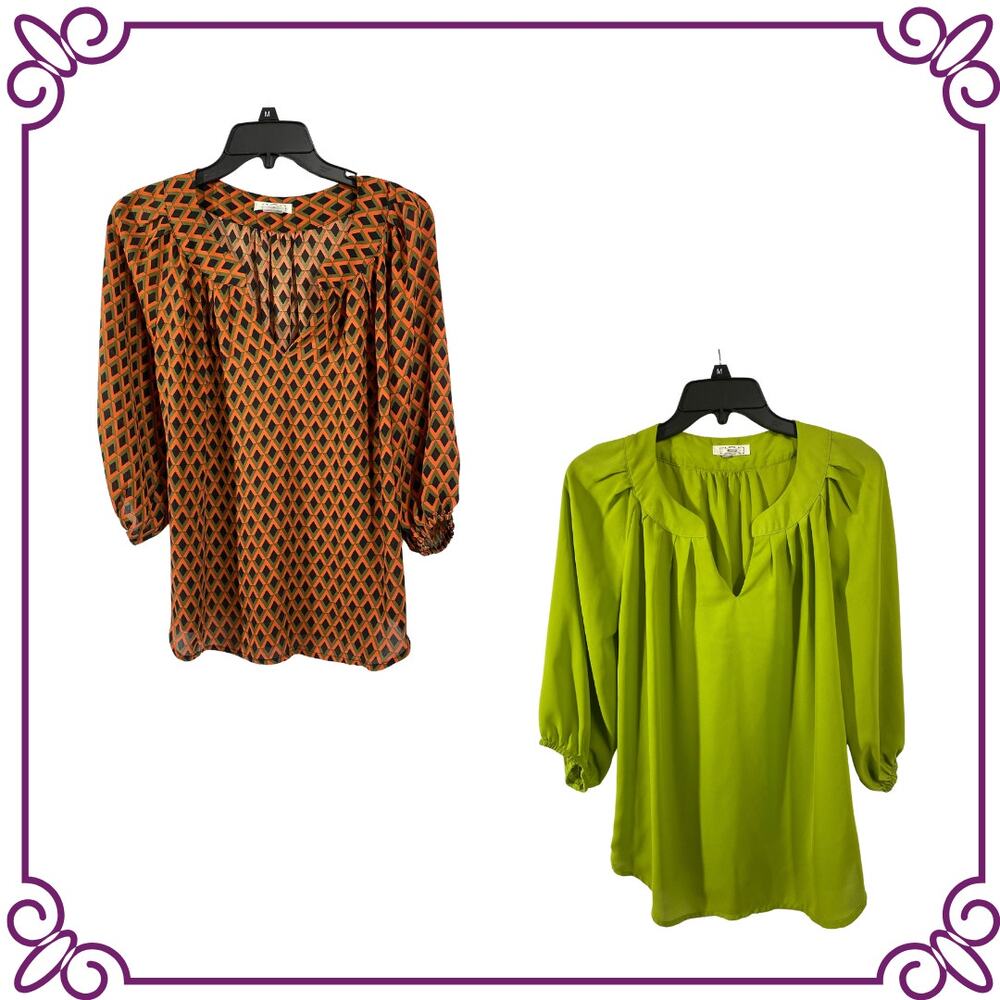 TWO ezra Loose Fit Mandarin V Neck Collar 3/4 Sleeve Blouses Medium